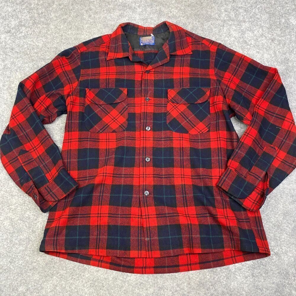 Vtg Pendleton Shirt Mens Large Loop Collar Flap Pocket Surf Board USA Made